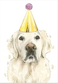 English Cream Golden Retriever in Party Hat Birthday Card