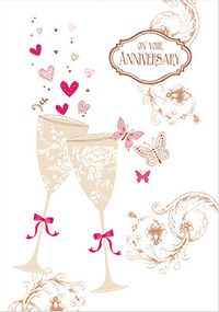 Gold Lace Champagne Flutes Anniversary Card