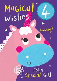 Unicorn Magical Wishes 4th Birthday Card