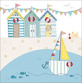 Beach Huts and Sail Boat Greeting Card