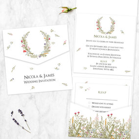 Dainty Horseshoe Flowers - Pocketfold Wedding Invitation & RSVP